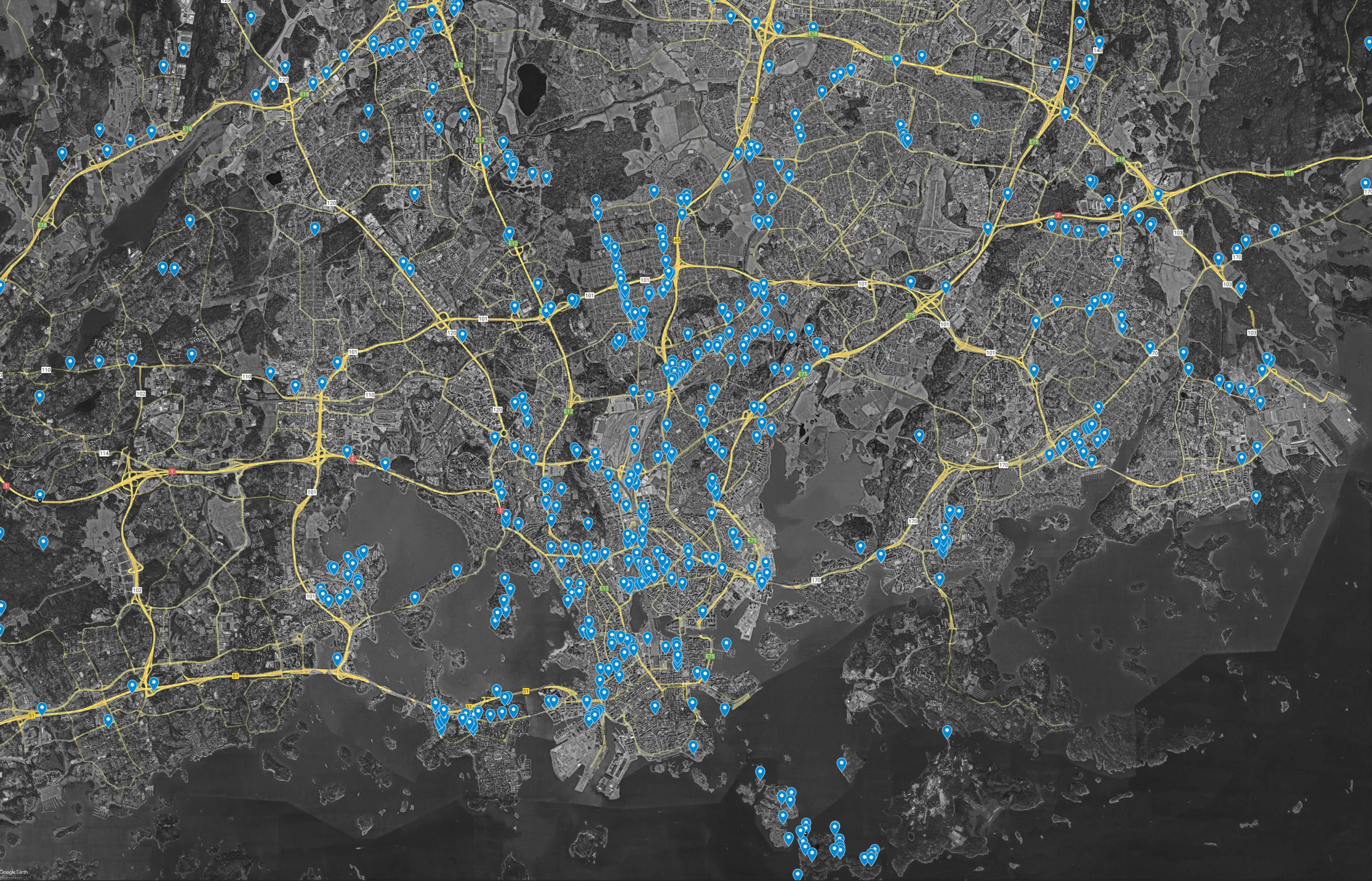 An example of a close up view of Helsinki with map markers.